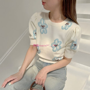 纯元 S家 针织衫 甜美 上衣 薄款 优雅打底 提花短袖 法式 圆领泡泡袖