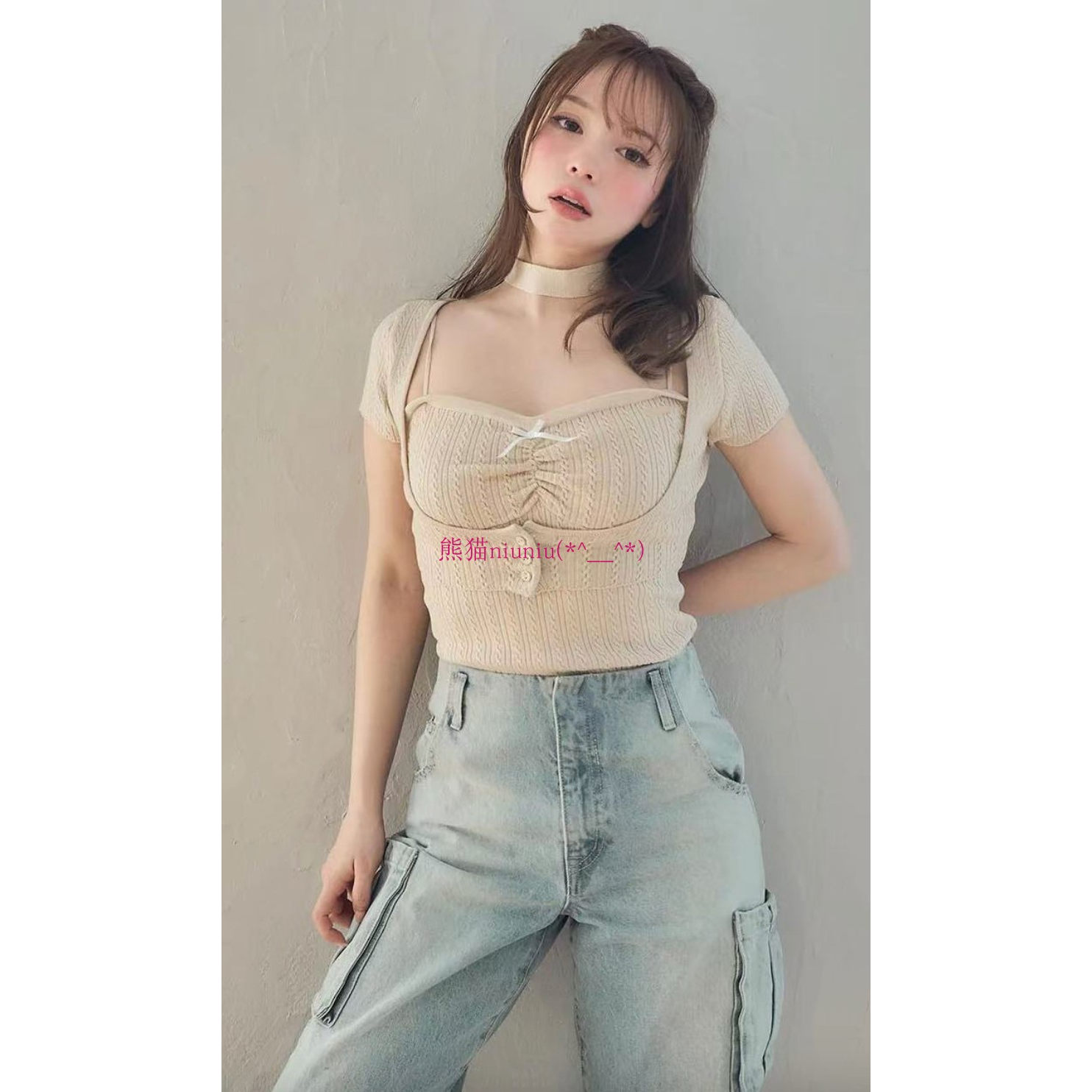 纯色套头挂脖+短袖针织衫两件套