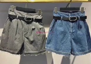 23年新品！经典~纯圆M家 高腰腰带花苞毛边牛仔短裤