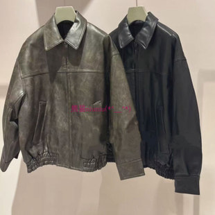 25年新色!气质范儿~原厂出 S家 纯色宽松复古翻领短夹克皮衣外套