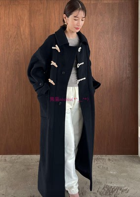 气质牛角扣连帽羊毛呢大衣外套