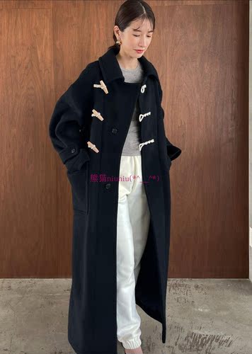 气质牛角扣连帽羊毛呢大衣外套
