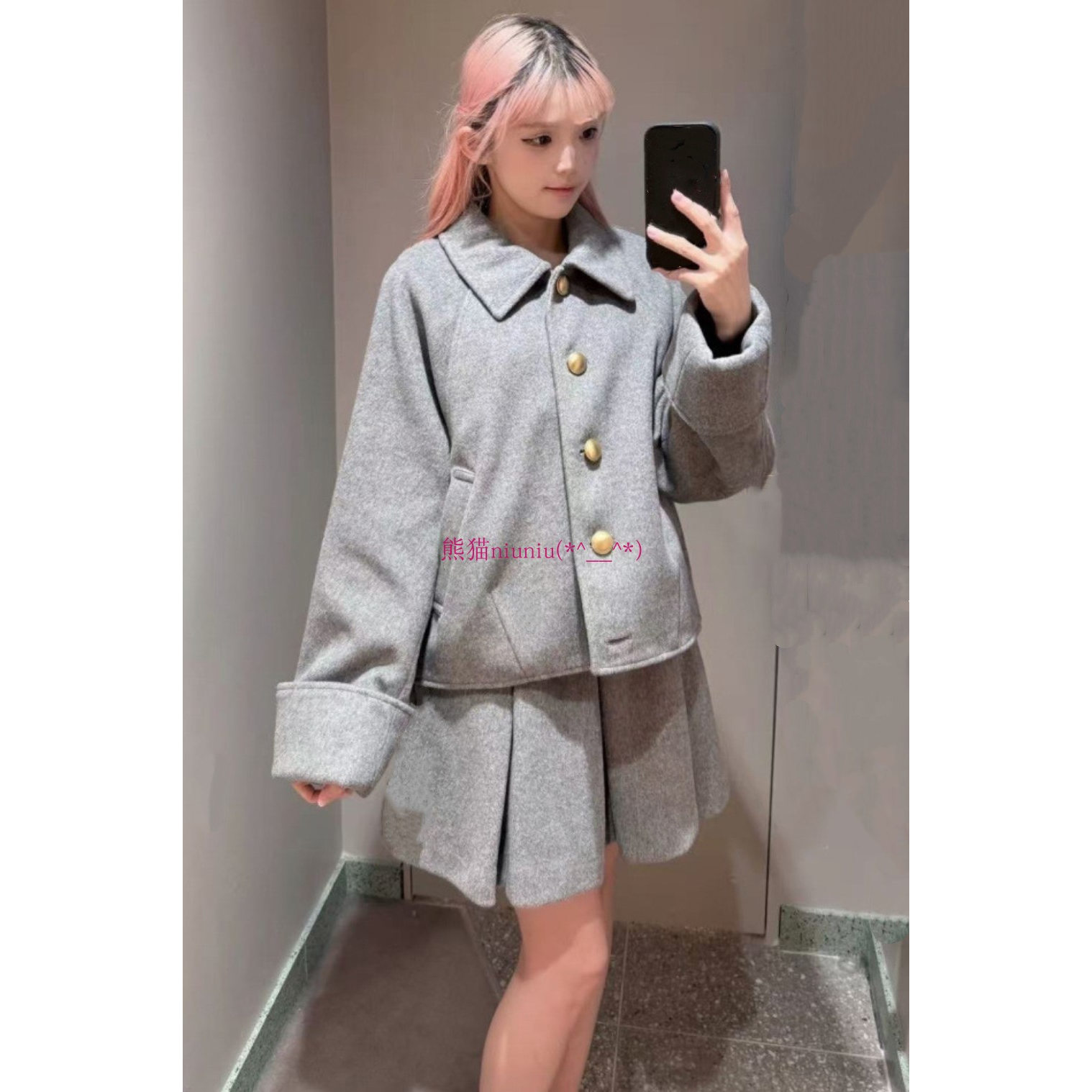 纯元贵牌！S家 百搭翻领金扣毛呢外套+高腰百褶半身裙套装 254162