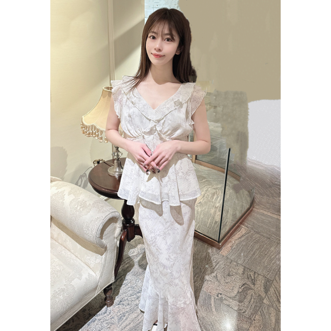 金银丝印花衬衫上衣+鱼尾半身裙