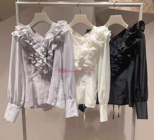 甜美纯色V领多层荷叶边雪纺衬衫