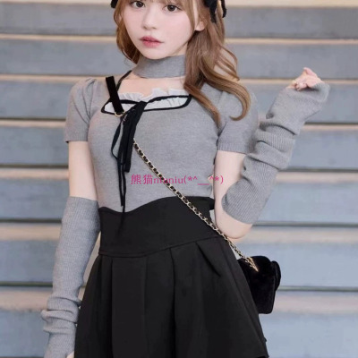 镂空拼接袖蝴蝶结绑带长袖针织衫