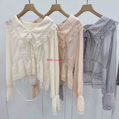 甜美蕾丝娃娃翻领雪纺长袖衬衫