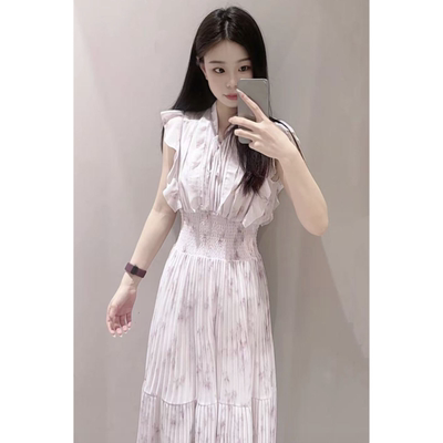 立领小飞袖蝴蝶结收腰印花连衣裙