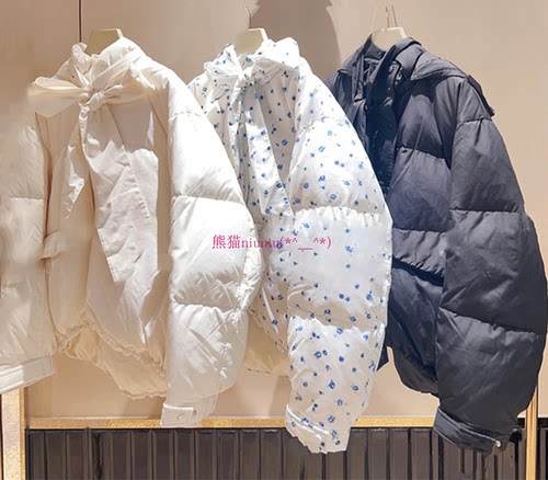法式风蝴蝶结系带连帽短款羽绒服