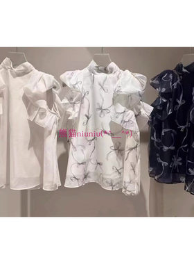 又甜又欲！现货发！纯元S家 立领荷叶边小飞袖蝴蝶结印花雪纺衬衫