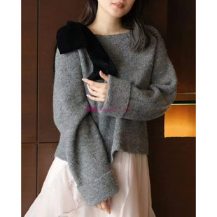 法式千金风!纯元贵牌D家 肩部丝绒可拆蝴蝶结缎带长袖针织衫毛衣