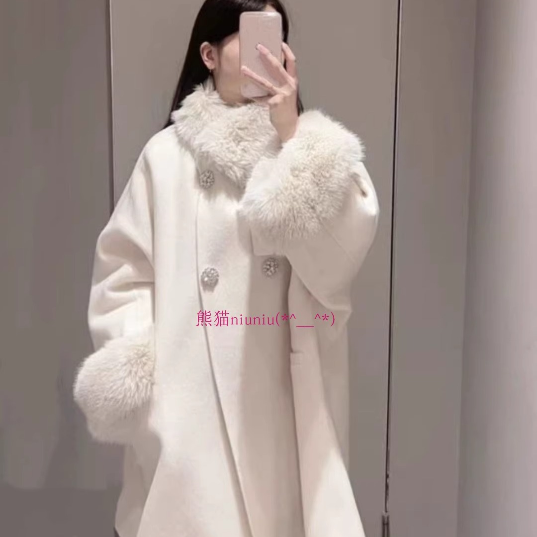 气质可拆毛领钻扣毛呢大衣外套
