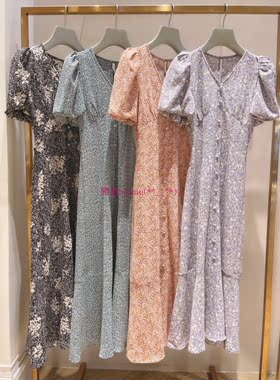 法式茶歇系列！21年新品~S家纯圆 V领泡泡袖印花连衣裙