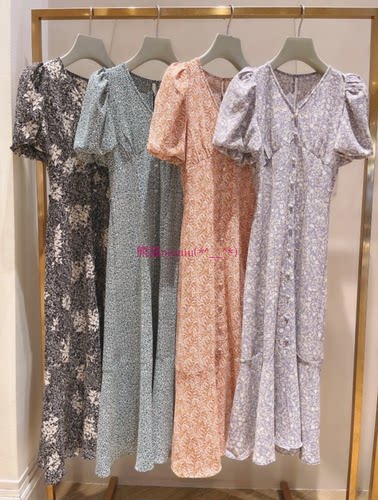 法式茶歇系列！21年新品~S家纯圆 V领泡泡袖印花连衣裙