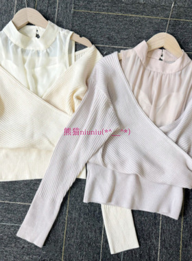 25年新色！经典款再现！纯元S家 甜美立领雪纺拼接露肩交叉针织衫