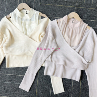 再现 款 纯元 S家 25年新色 甜美立领雪纺拼接露肩交叉针织衫 经典