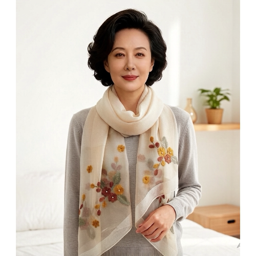 【杏色海棠花】75X175新中式旅行围巾中年妈妈护肩颈春秋外096