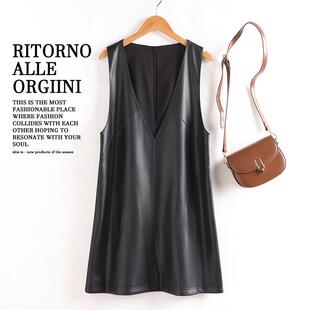 真皮马甲女中长款2025秋新款时尚百搭V领无袖连衣背心裙马夹外套