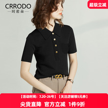 翻领冰丝短袖针织衫polo衫t恤女式新款宽松黑色体恤上衣通勤夏季