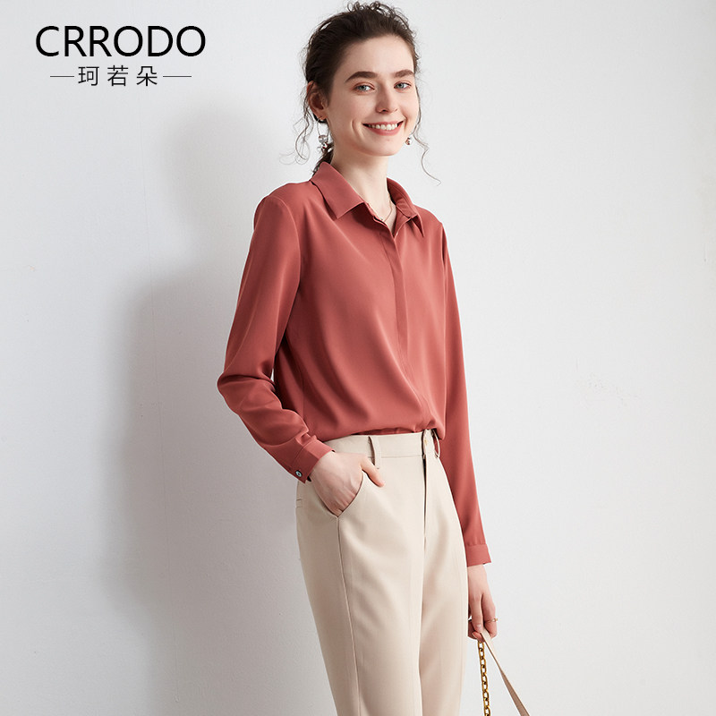 长袖衬衫女雪纺2020新款秋季宽松上衣复古港味休闲砖红色衬衣洋气