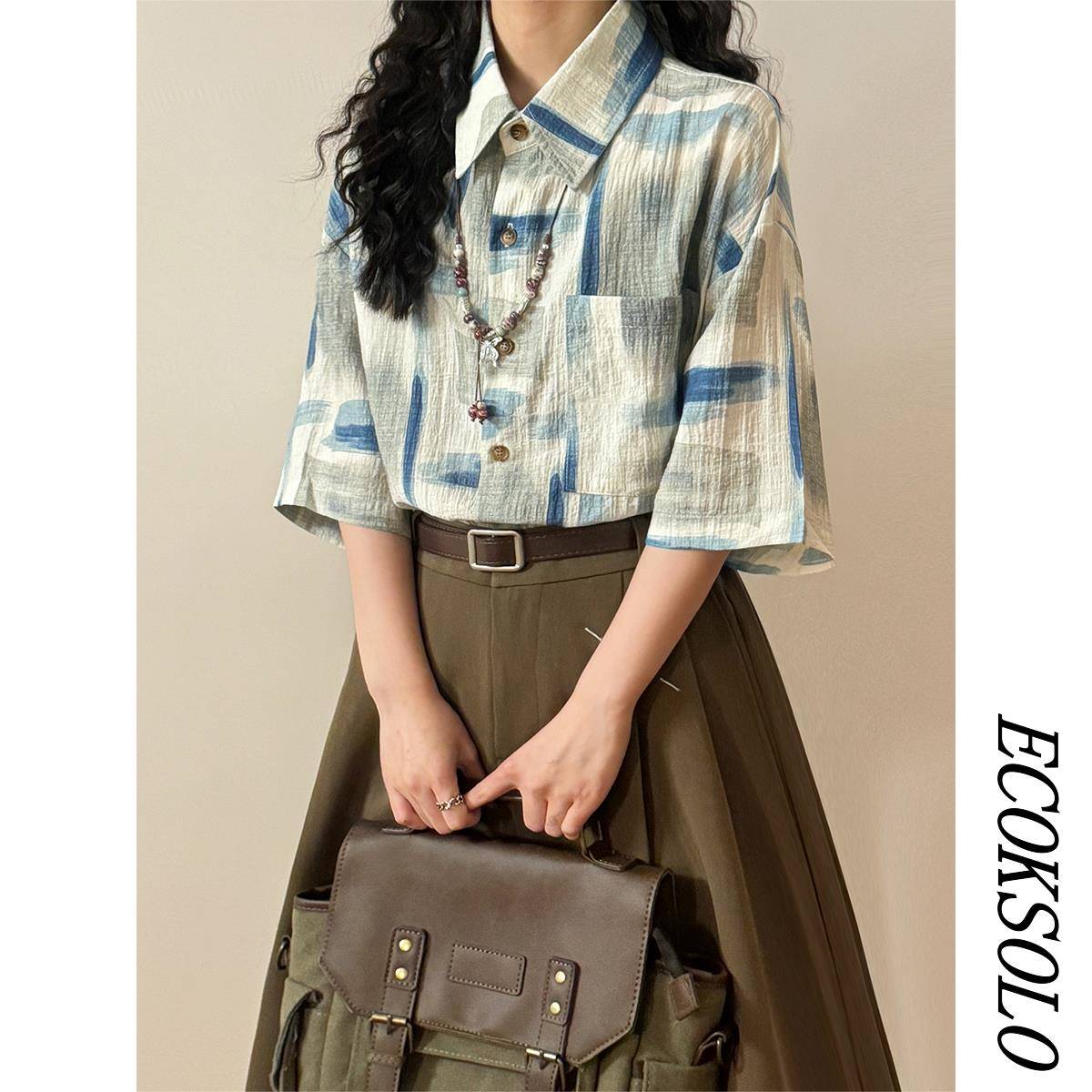 ECOKSOLO夏季日系复古艺术感休闲小众抽象涂鸦印花短袖衬衫上衣女