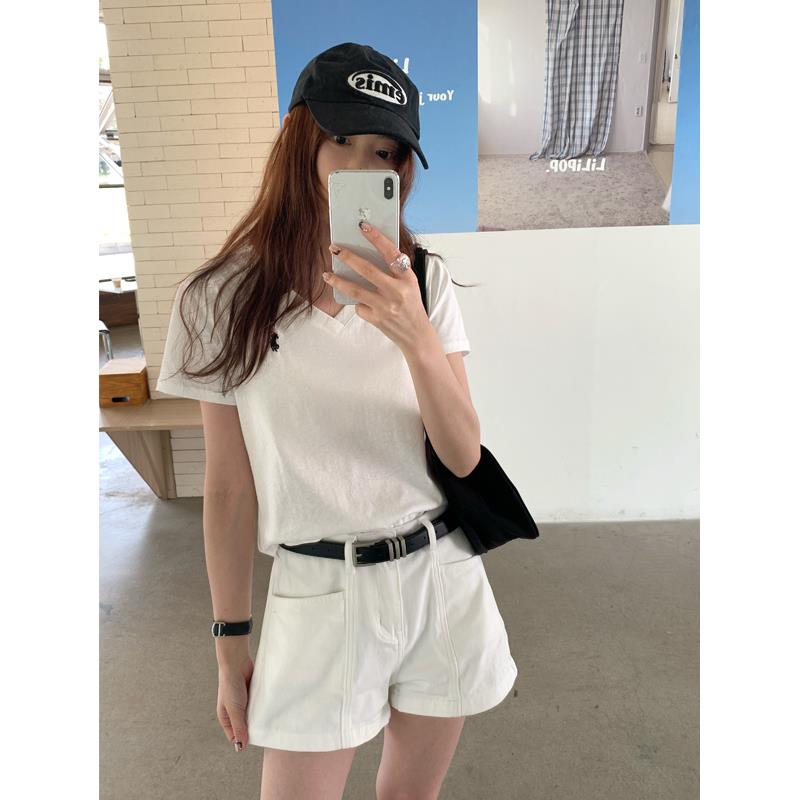 Halo Luu 高级感白色牛仔短裤女夏季2025新款宽松休闲直筒阔腿裤