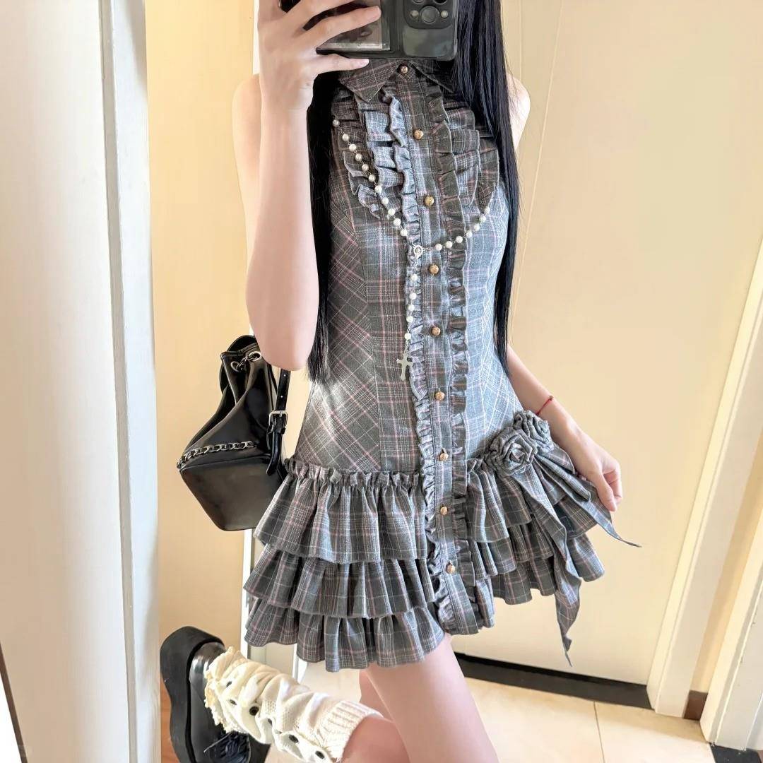 茉莉白jasmine 辣妹古着格纹挂脖连衣裙女夏季收腰短裙显瘦蓬蓬裙