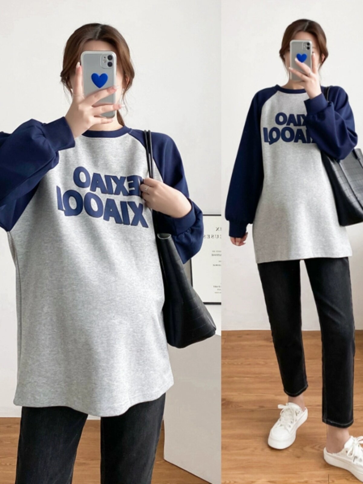 가을 아우터용 수유 상의 패셔너블한 라운드넥 배색 스웨트 셔츠 외출 시 더위를 타는 엄마들을 위한 산후 수유복 가을 겨울 옷