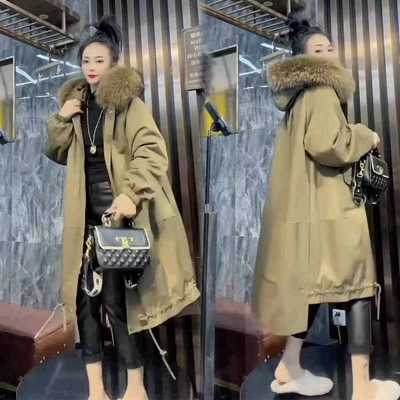 派克服2025年新款冬中长款大毛领加绒加厚外套女韩版宽松工装棉服