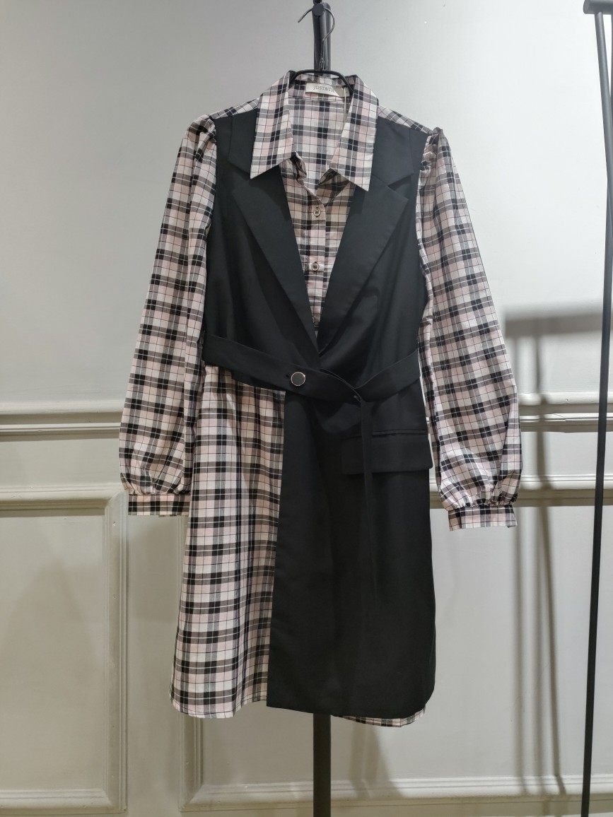 JUST& TH正品断码亏清 春装新品 格纹拼接马甲假两件设计感连衣裙