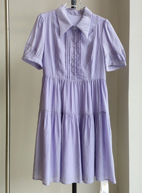 Si雨桐正品亏清夏装上新 紫色气质衬衫领天丝面料短袖连衣裙女
