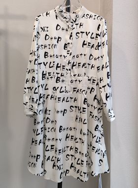 哈祥Xi正品断码亏清秋装上新白色缎面字母印花气质修身长袖连衣裙