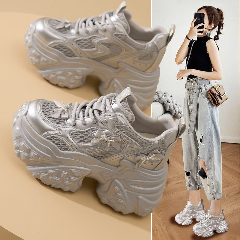 网面透气老爹鞋女潮2026夏季薄款超火蝴蝶结休闲10cm厚底内增高鞋