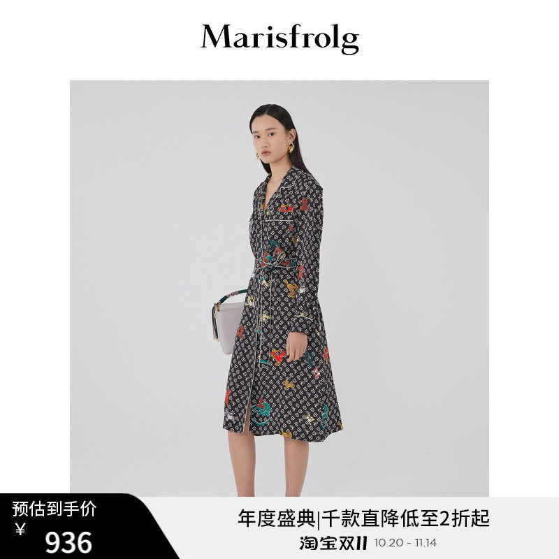 【商场同款】玛丝菲尔桑蚕丝女装秋季新款V领长袖连衣裙