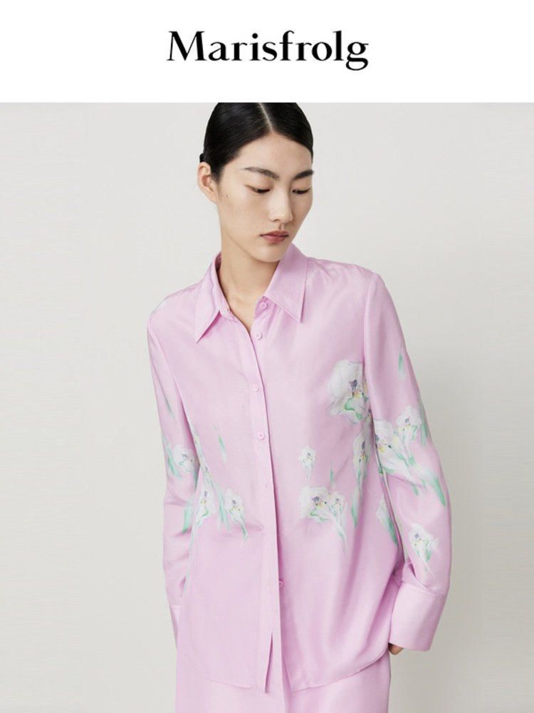 【光泽缎纹面料】玛丝菲尔秋季粉色花卉印花长袖衬衫女