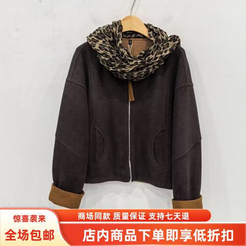 奕E27DW300冬装2026女款时尚韩版豹纹配围巾拉链夹克短款毛呢外套