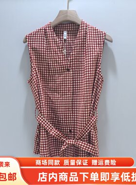 F26C302夏装2026女新款时尚休闲无袖V领系带格子衬衫减龄复古小衫