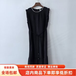 JMY5311夏装2026女款时尚优雅钉珠圆领系带中长款拼接醋酸连衣裙