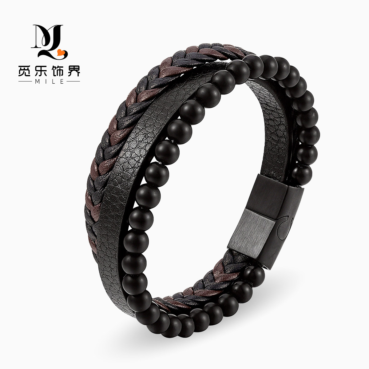 010~天然石火山石皮手链 不锈钢皮革编织手镯 多层男士钛钢首饰