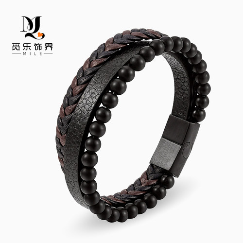 010~天然石火山石皮手链 不锈钢皮革编织手镯 多层男士钛钢首饰