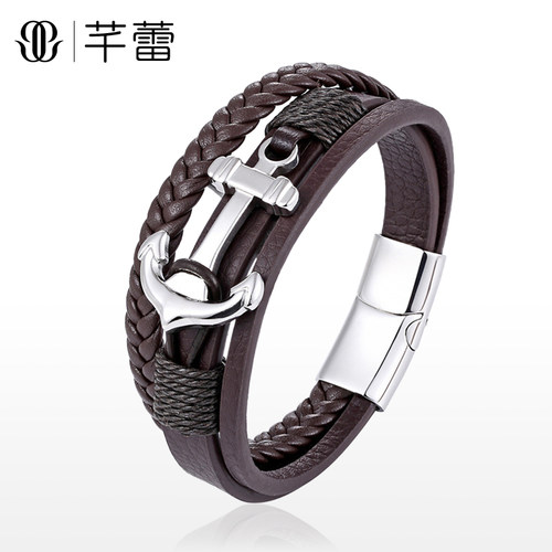 欧美船锚不锈钢手工编织皮手带男
