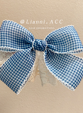 法式甜美蓝格蝴蝶结弹簧夹女蕾丝拼接顶夹气质后脑勺半扎发发饰品