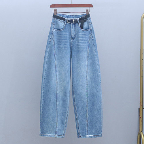 春夏薄款高腰浅蓝弯刀牛仔裤子女