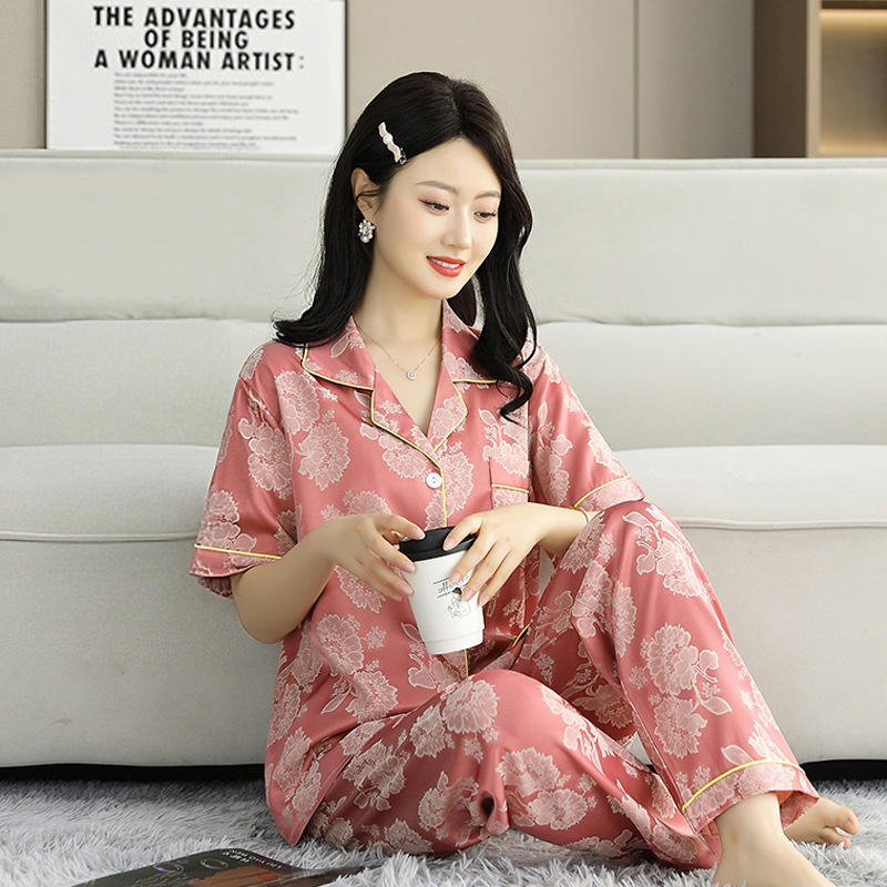 薄款高端冰丝睡衣女夏季高级感妈妈可外穿家居服短袖长裤三件套装