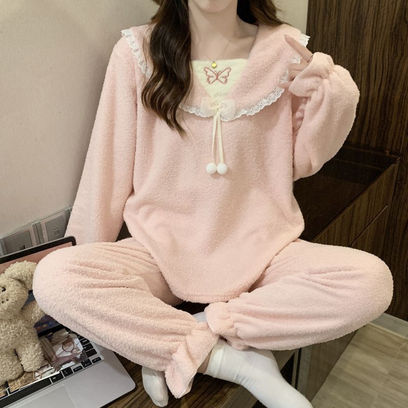 睡衣女秋冬季柔软半边绒软绵绵大码加绒加厚保暖珊瑚绒家居服套装