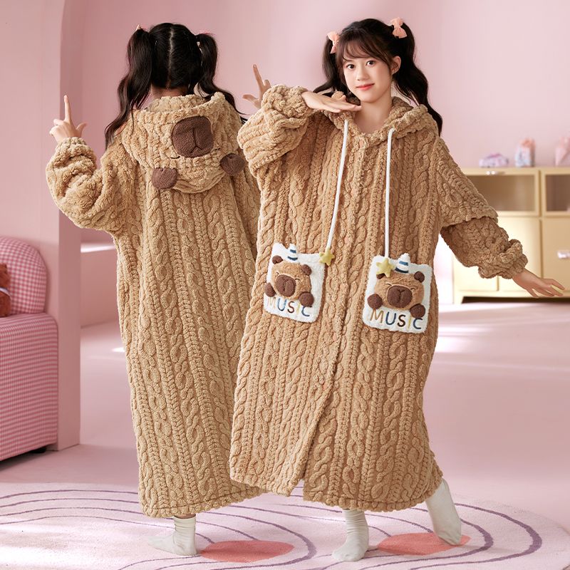 女童睡袍秋冬季珊瑚绒2025新款儿童加绒加厚款睡衣裙女孩浴袍冬天