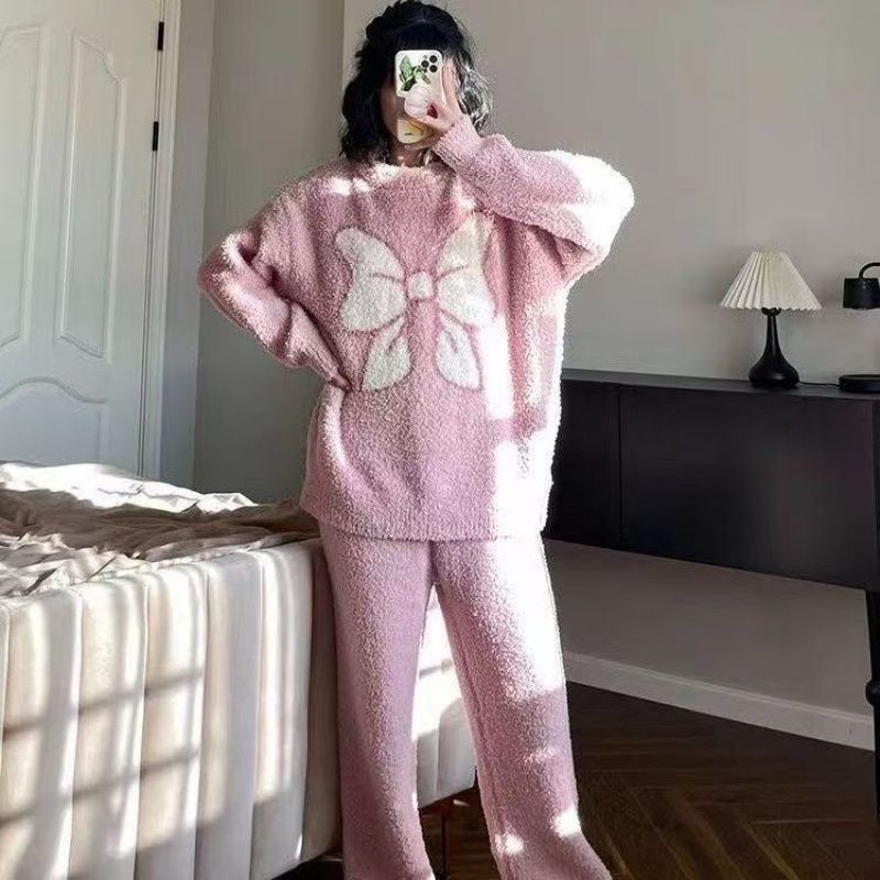 珊瑚绒半边绒睡衣女冬季加绒加厚法兰绒软绵绵可外穿家居休闲套装