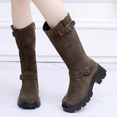 磨砂真皮大码 2025冬季 新款 中筒靴41一43中跟加绒显瘦粗跟骑士靴