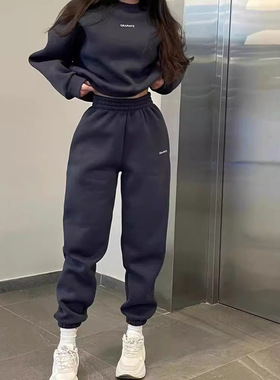 欧美时尚休闲圆领卫衣长裤两件套 Solid color top and pants set