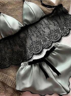 Lace V-Neck Bra Briefs Pajama Set 蕾丝V领文胸三角裤睡衣套装